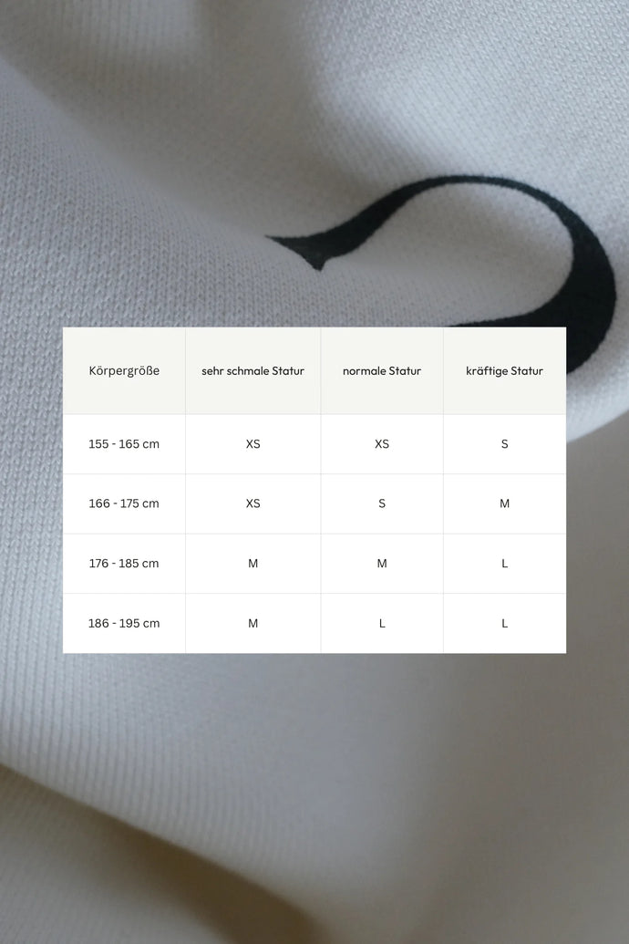 Größentabelle für den Whisper Small Bravery Off White Sweater – Größenempfehlung nach Körpergröße und Statur (XS–L).